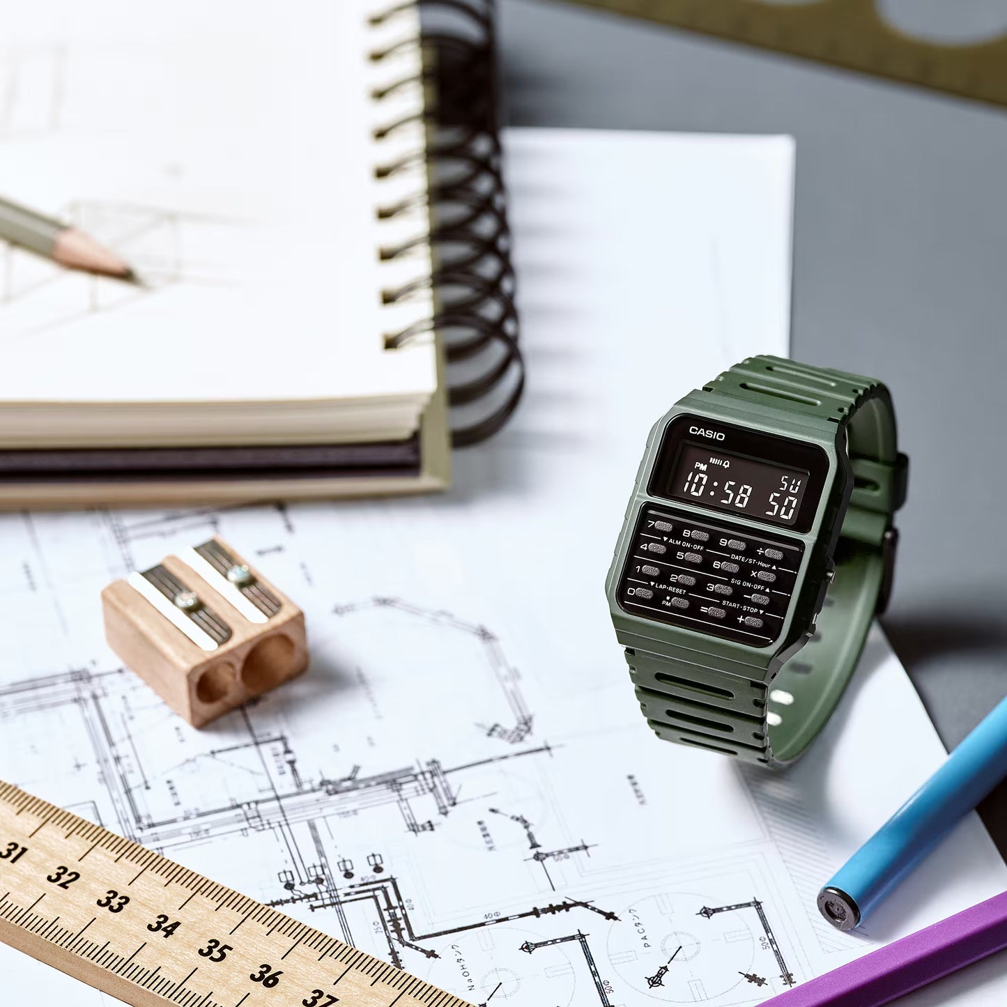 Reloj Digital Calculadora Vintage Verde de Hombre