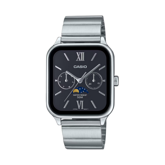 Reloj Análogo Fase Lunar Clásico Plateado de Hombre