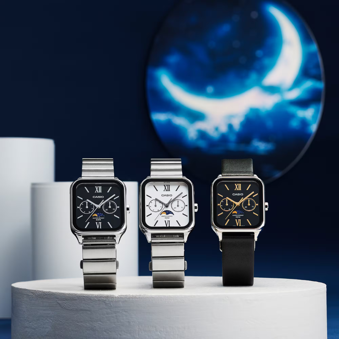 Reloj Análogo Fase Lunar Clásico Plateado de Hombre
