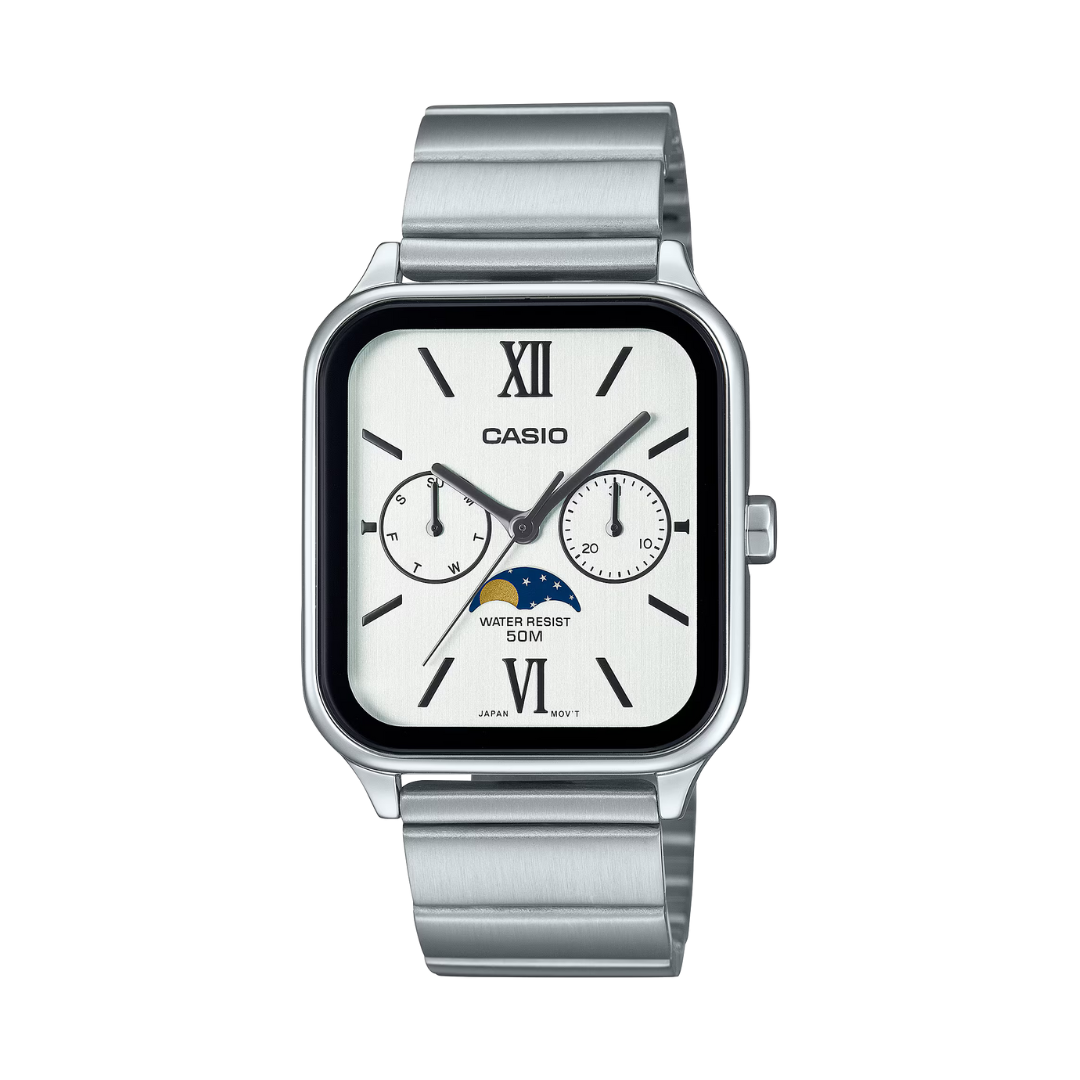 Reloj Análogo Fase Lunar Clásico Plateado de Hombre