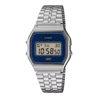 Reloj Digital Clásico Plateado Seigaiha Azul Unisex