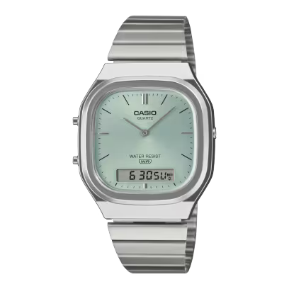 Reloj Análogo Digital Clásico Plateado con Verde Claro Unisex