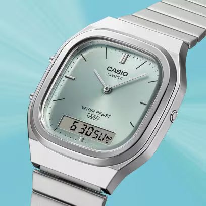Reloj Análogo Digital Clásico Plateado con Verde Claro Unisex