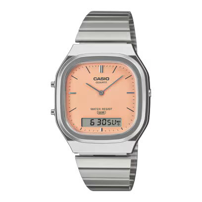 Reloj Análogo Digital Clásico Plateado con Naranja Unisex