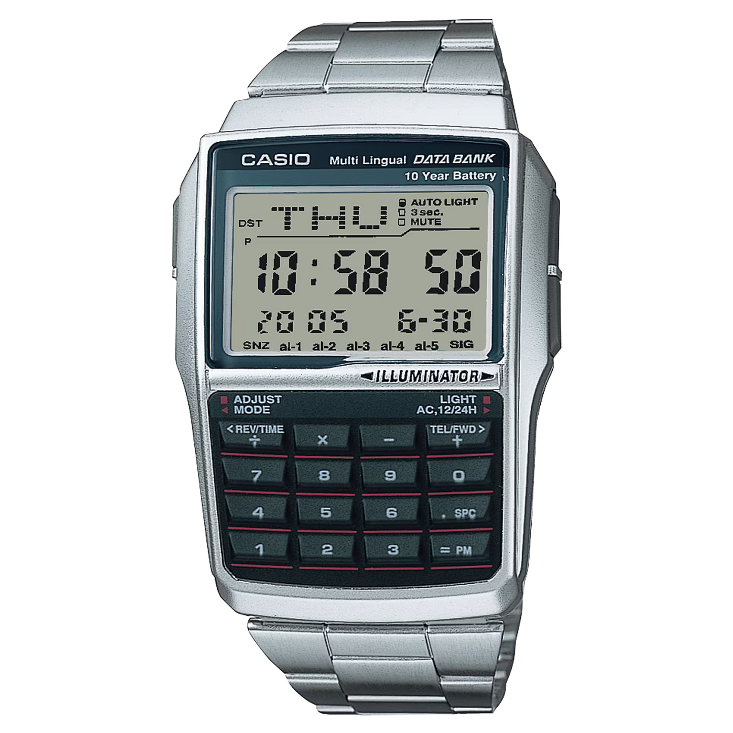 Reloj Digital Data Bank Illuminator Multilenguaje Casual Plateado de Hombre