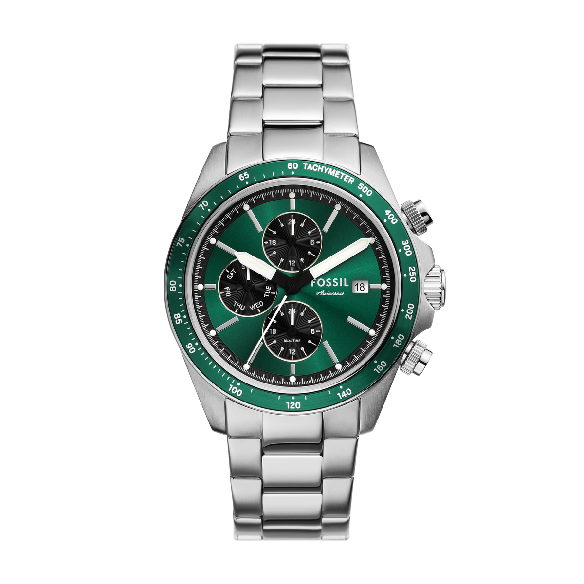 Reloj Análogo Multifunción De Hombre Fossil Autocross Verde Y Plateado
