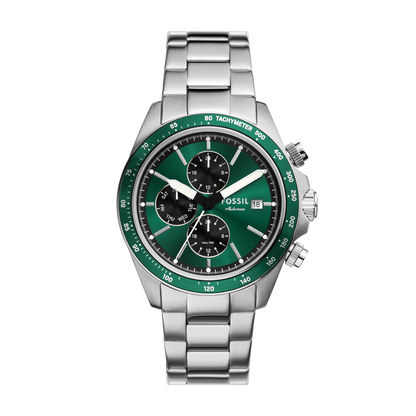 Reloj Análogo Multifunción De Hombre Fossil Autocross Verde Y Plateado