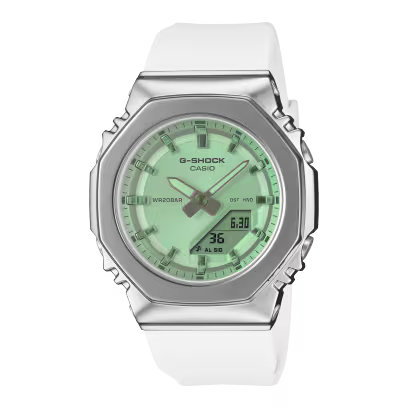 Reloj Análogo Digital Deportivo Plateado con Verde de Mujer