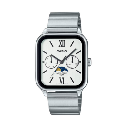 Reloj Análogo Fase Lunar Clásico Plateado de Hombre