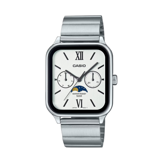 Reloj Análogo Fase Lunar Clásico Plateado de Hombre